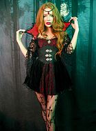 Victorian female vampire, costume dress, lace inlays, off shoulder